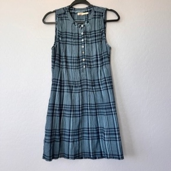 Faherty Dresses & Skirts - Faherty XSmall Blue Navy Plaid Sleeveless Button Front Dress with Pockets